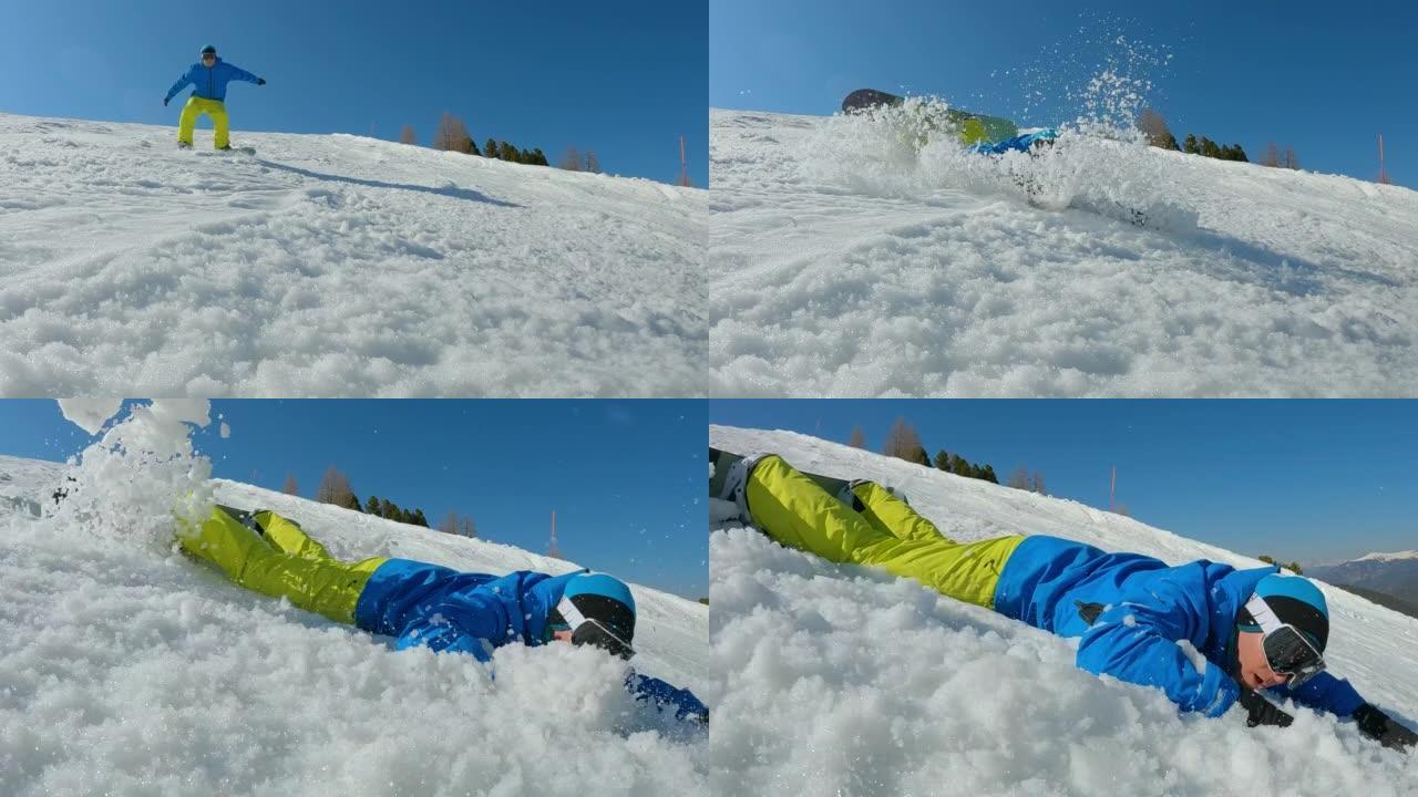 慢动作男子在下雪的滑雪场上学习滑雪板时坠入雪中