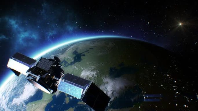 卫星环绕地球的美丽景色。将人造卫星发射到地球轨道。打开太阳能电池板的过程。夜晚照亮地球和城市的一部分