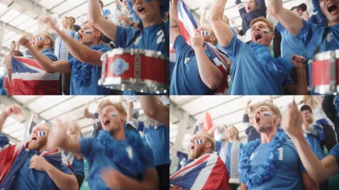体育体育场事件: 一群球迷为他们的蓝色足球队获胜而欢呼。人们庆祝进球，冠军胜利。一群画脸的朋友欢呼，