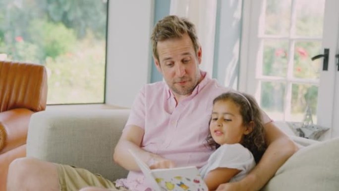 父亲和女儿坐在家里的沙发上一起看书-慢动作拍摄