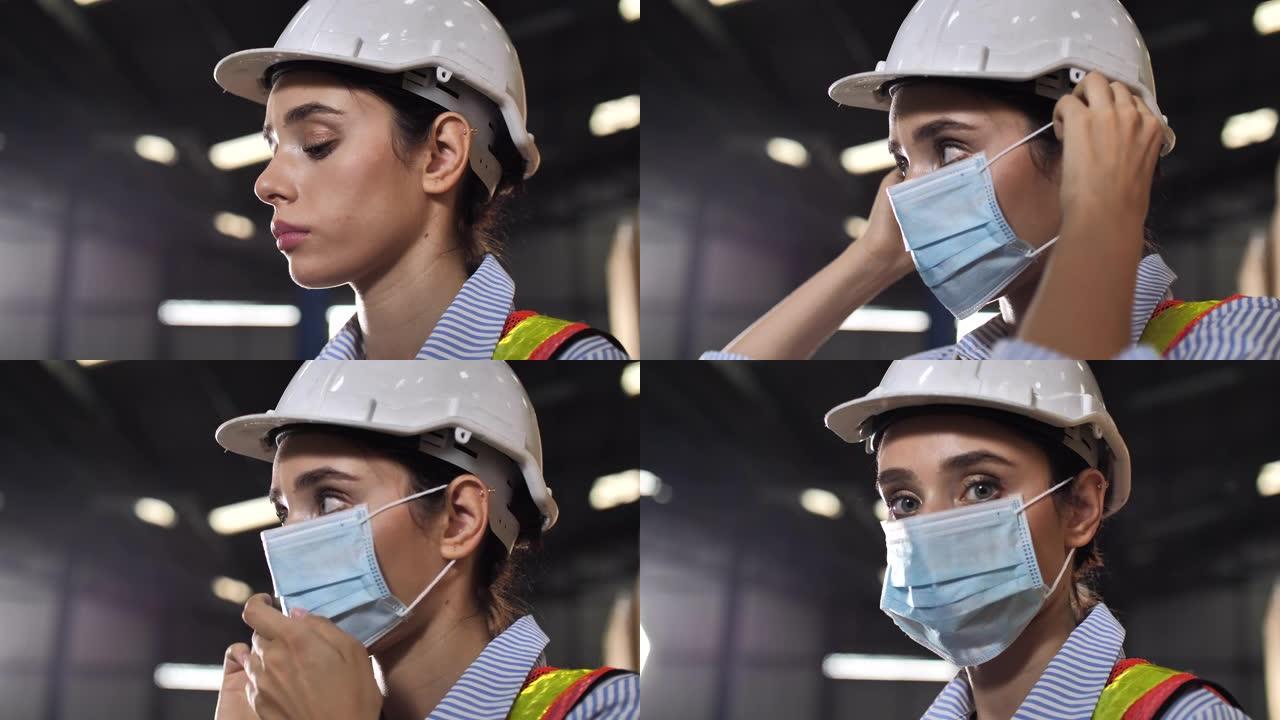 戴着防护面罩的女工程师面部和安全帽: 智能行业工人操作的概念