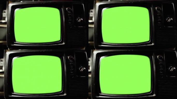 绿屏旧电视。放大。特写。4k分辨率。