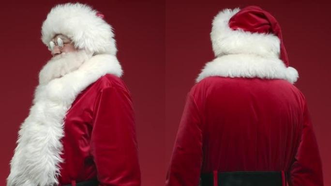 在红色背景上翻动圣诞老人的垂直视频，微笑着在视频结尾竖起大拇指