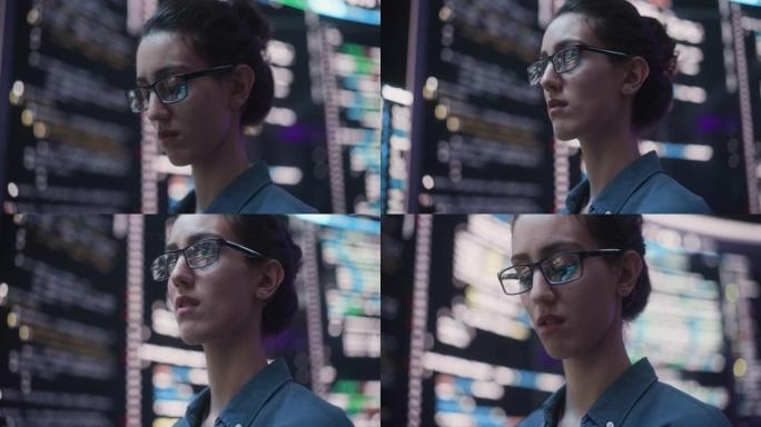 特写在电脑上工作的女人的肖像，从大屏幕上反射出她的眼镜上的代码语言。女程序员开发新软件，编码，管理网