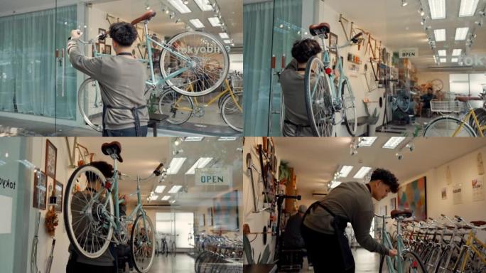 修理自行车制动器的年轻人。