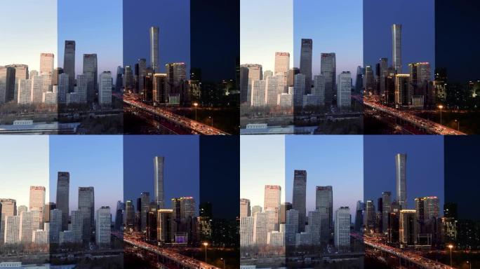 白天和黑夜的北京天际线和市区鸟瞰图