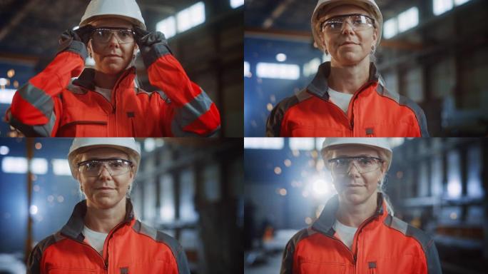 钢铁厂中一位专业的重工业工程师/工人穿着制服，戴着眼镜和安全帽的肖像。美丽的女性工业专家站在金属建筑