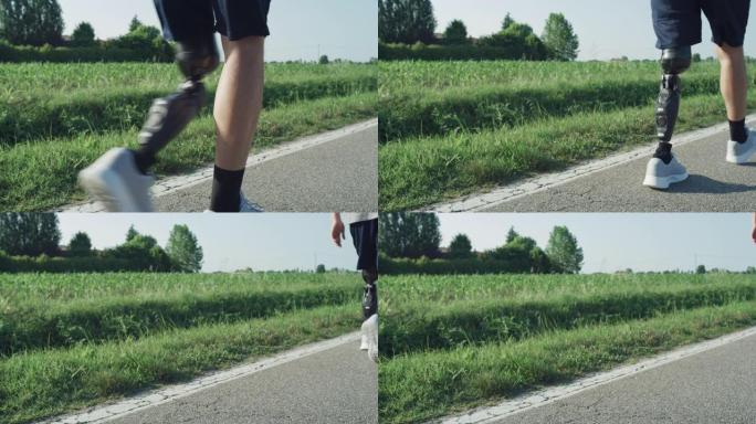 有残疾的运动员在路边走过。一个有仿生肢体假肢的人从健美训练中回家。腿部特写慢动作镜头。
