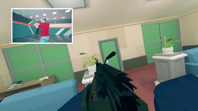 男性玩家正在虚拟现实中扮演射击游戏。增强现实视频游戏。
