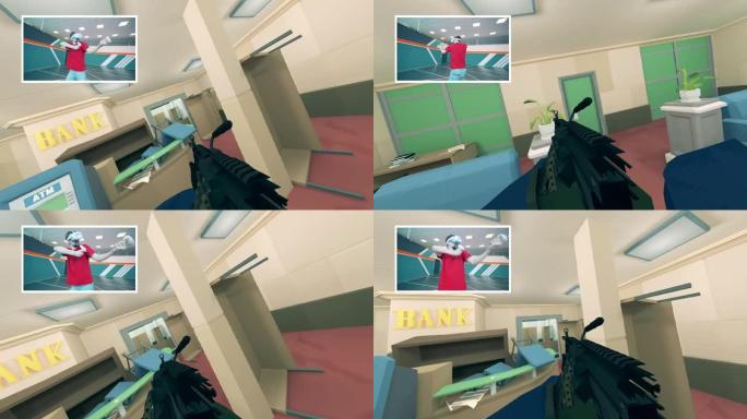 男性玩家正在虚拟现实中扮演射击游戏。增强现实视频游戏。