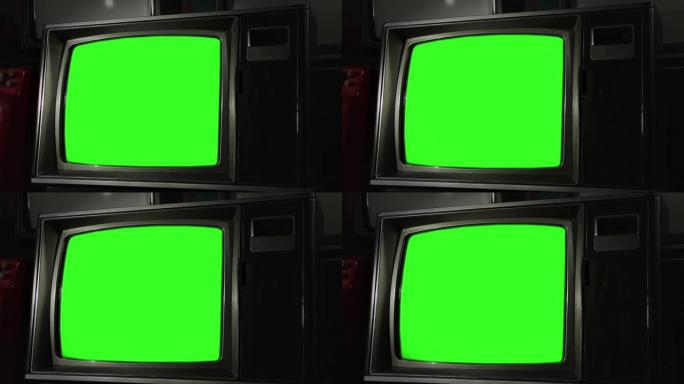 绿屏旧电视机。放大。特写。4k分辨率。