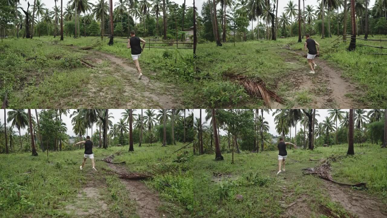 男子在热带森林中奔跑