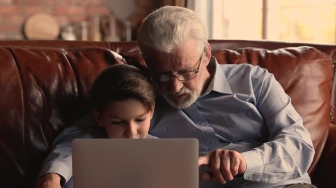 小男孩，他的老爷爷坐在笔记本电脑的沙发上