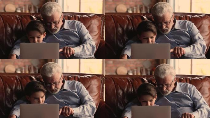 小男孩，他的老爷爷坐在笔记本电脑的沙发上