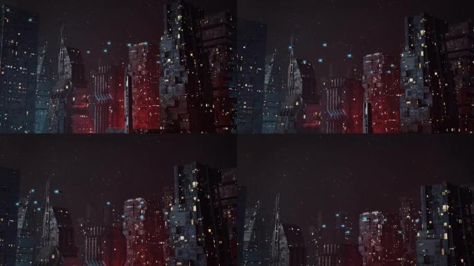 未来主义，反乌托邦科幻城市在夜间建立射击-与飞行汽车
