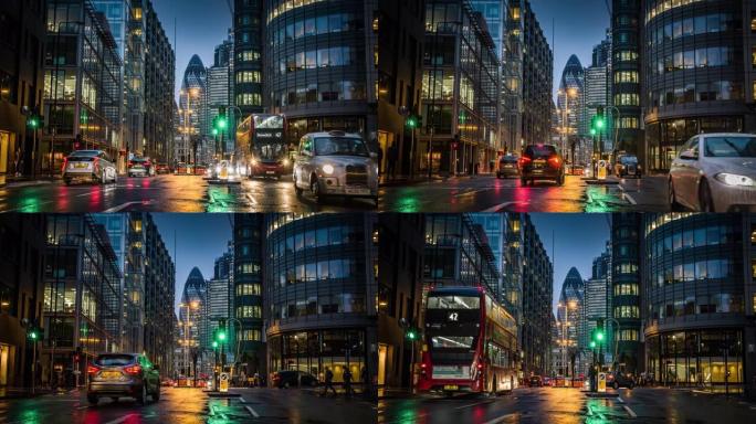 伦敦市的雨夜建筑街景繁华