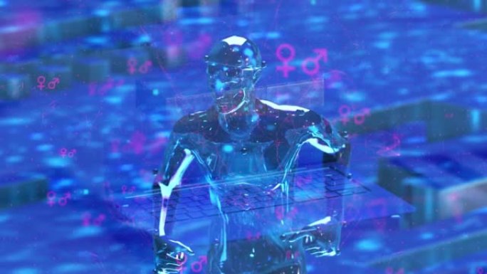 带有运行机器人的数字技术环境中的性别概念，男女符号