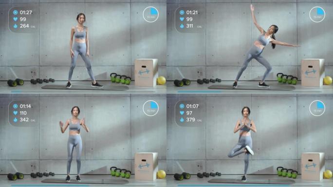 在线健身课程视频与年轻的运动私人女教练展示伸展和瑜伽练习的身体平衡，耐力和力量。用户界面交互式图形。