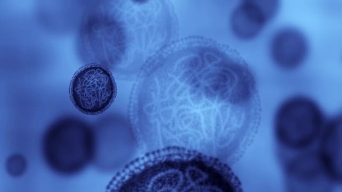 细菌、显微镜病毒和在蓝色背景下实验中缓慢移动的粒子变焦。微生物、DNA和细胞在医疗保健中的应用