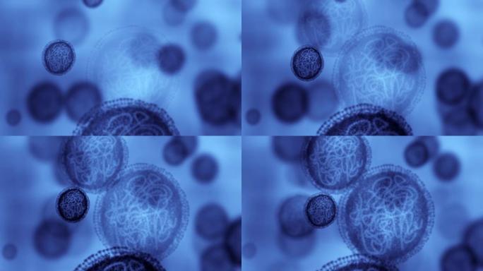 细菌、显微镜病毒和在蓝色背景下实验中缓慢移动的粒子变焦。微生物、DNA和细胞在医疗保健中的应用