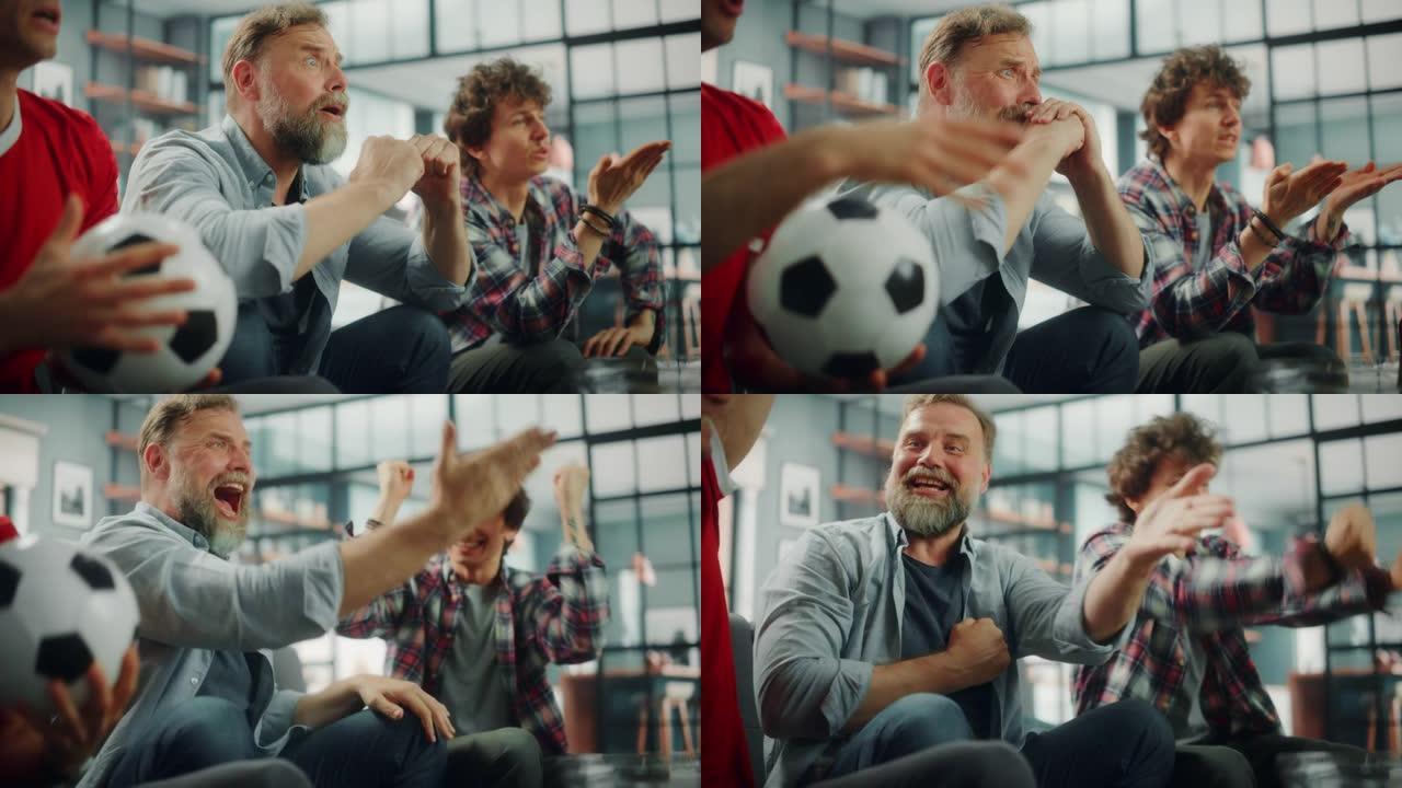 在家里，三个快乐的足球迷坐在电视上的沙发上观看比赛，庆祝运动队赢得冠军。当最喜欢的足球俱乐部踢球时，