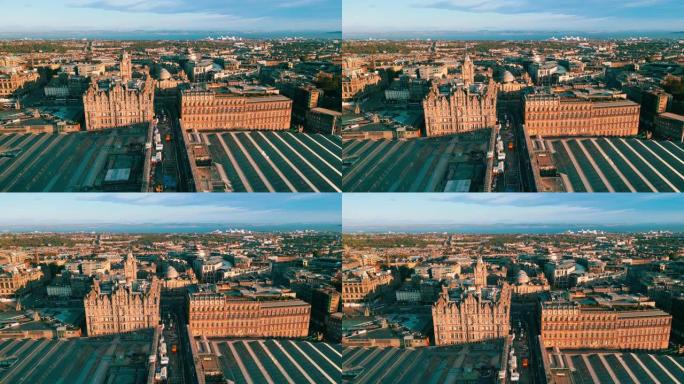 鸟瞰图韦弗利车站和公主街上方的实时镜头，可看到苏格兰爱丁堡的爱丁堡新城区