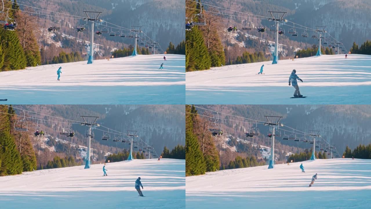 SLO MO游客在滑雪坡上滑雪