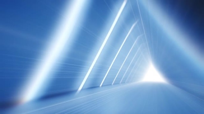 飞过未来派的蓝色隧道。慢动作中的抽象3D动画。照明走廊的概念，室内设计，宇宙飞船，科学，技术，科学，