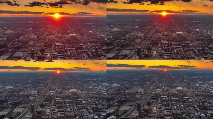 时间流逝鸟瞰图芝加哥天际线全景城市景观，在芝加哥美丽的日落时间