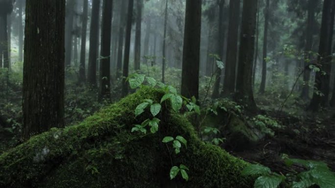 雨中有雾的森林森林公园苔藓草坪