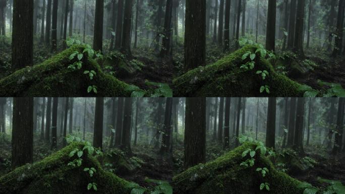 雨中有雾的森林森林公园苔藓草坪