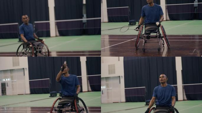 亚洲残疾人羽毛球运动员坐在轮椅上与朋友打羽毛球。