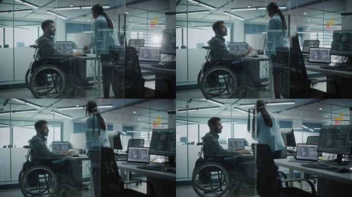 残障友好的办公室: 快乐的IT程序员在轮椅上与同事交谈，同时在计算机上工作。软件工程师开发创新的应用
