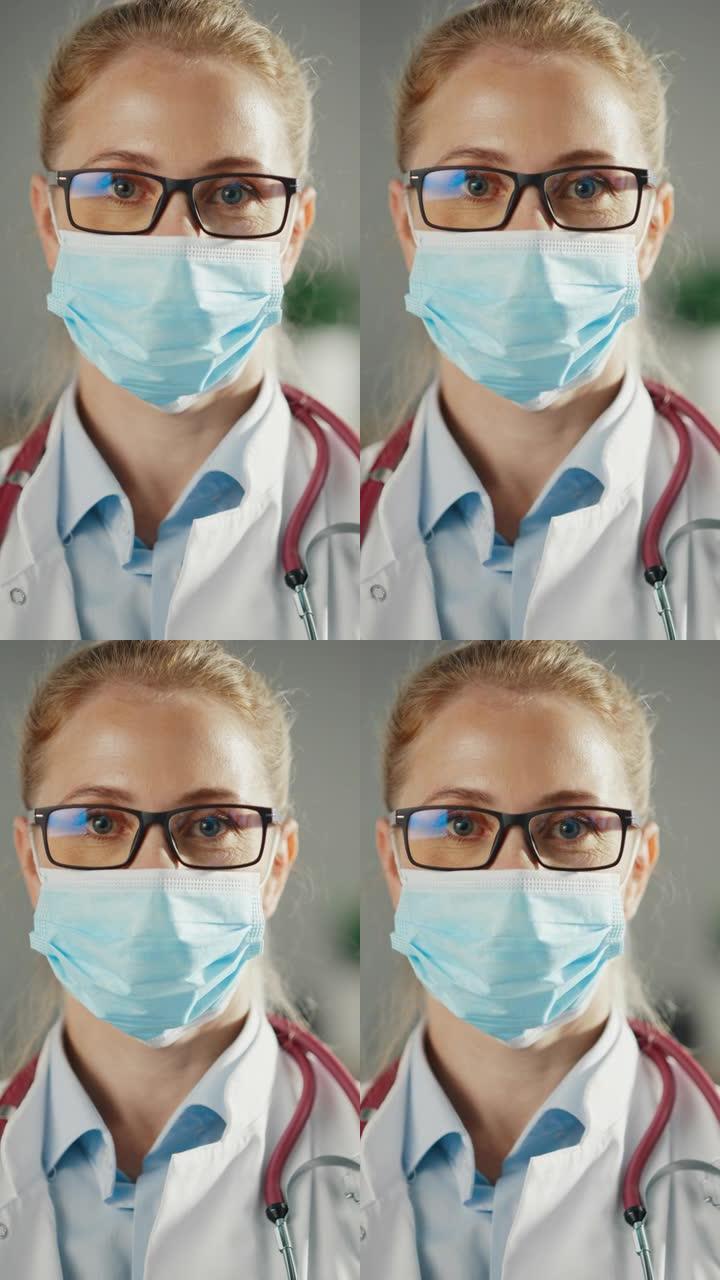 一位经验丰富的女医生在办公室穿着白大褂和一次性口罩的垂直肖像。医疗保健专业人员或戴眼镜的护士长看着相