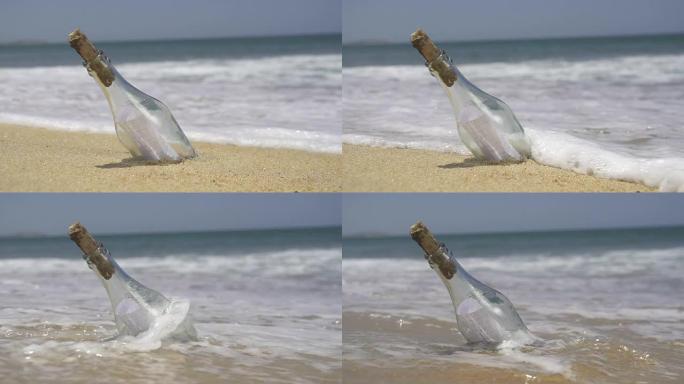 慢动作: 海滩上搁浅的瓶子