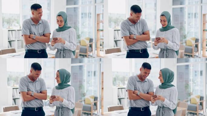 商务，男性或伊斯兰女性在现代办公室智能手机，社交媒体或连接。男性员工，女性经理或电话进行交流，在线阅