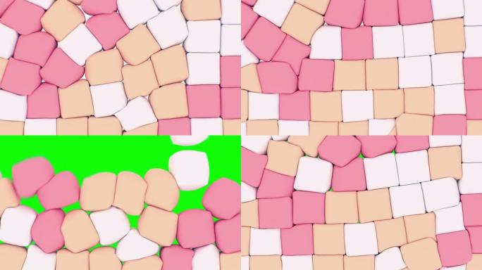 柔和的颜色立方体掉落并填充屏幕建筑墙有趣的孩子玩具3d动画与绿色屏幕。美丽的彩色抽象框背景，过渡或介