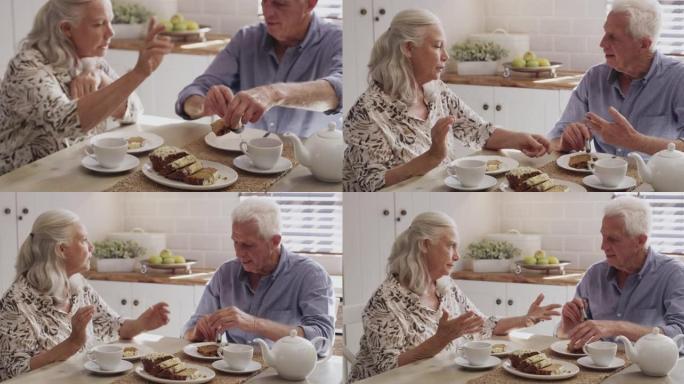 4k视频片段，一对高级夫妇在家里吃蛋糕和茶时吵架