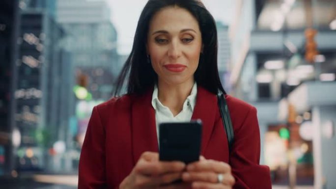 在大城市的街道上使用智能手机的多种族成年女商人的肖像。自信的经理在去办公室的路上与网上的人联系，发信