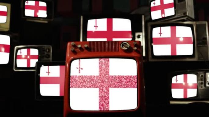 伦敦城的旗帜和老式电视机。