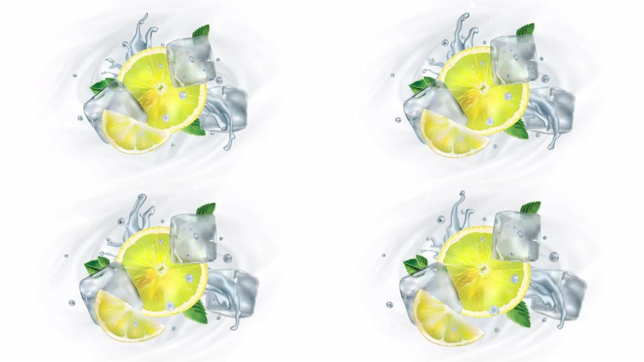 柠檬、薄荷和冰块的慢速飞行动画。