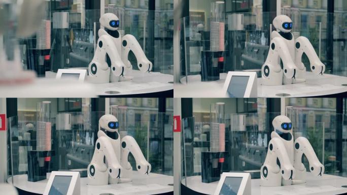 机械机器人正在咖啡馆等待订单。未来派机器人，创新科技理念。