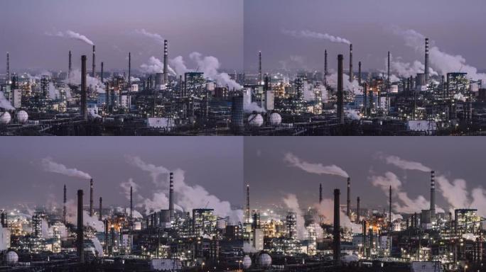T/L ZI从黄昏到夜晚的石化厂和炼油厂的鸟瞰图