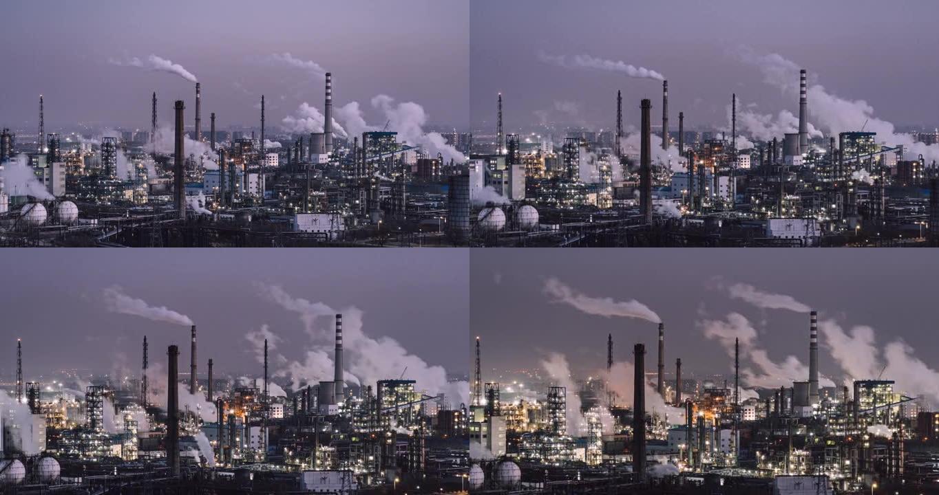 T/L ZI从黄昏到夜晚的石化厂和炼油厂的鸟瞰图