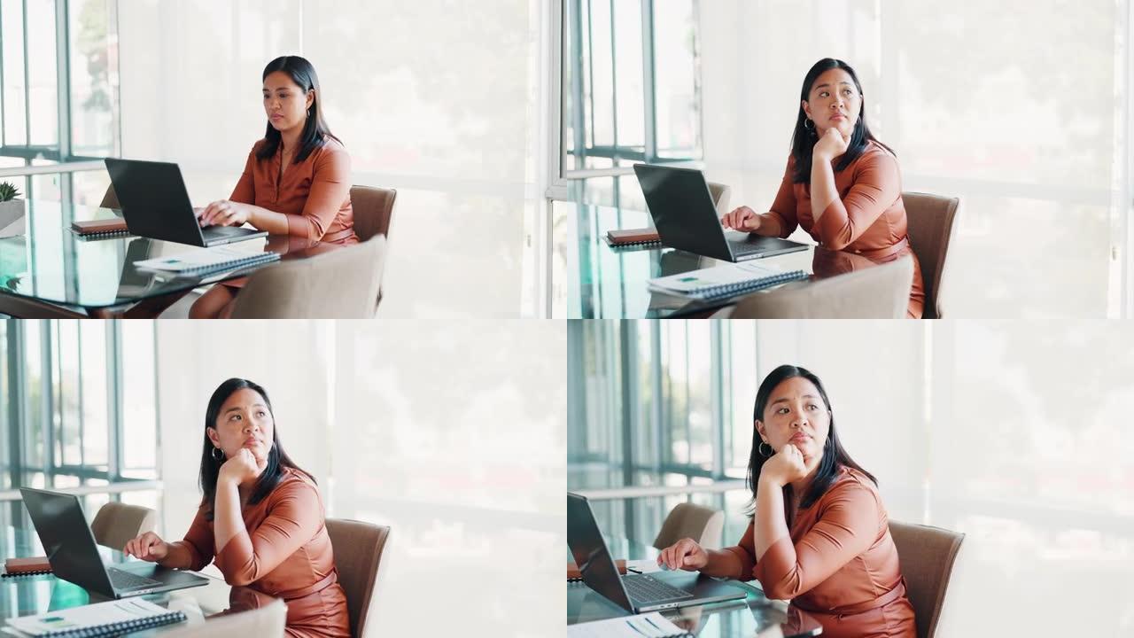 笔记本电脑，思考和计划在她的办公室工作的商业女性未来的增长或发展。计算机，研究和创新与一名女员工在网