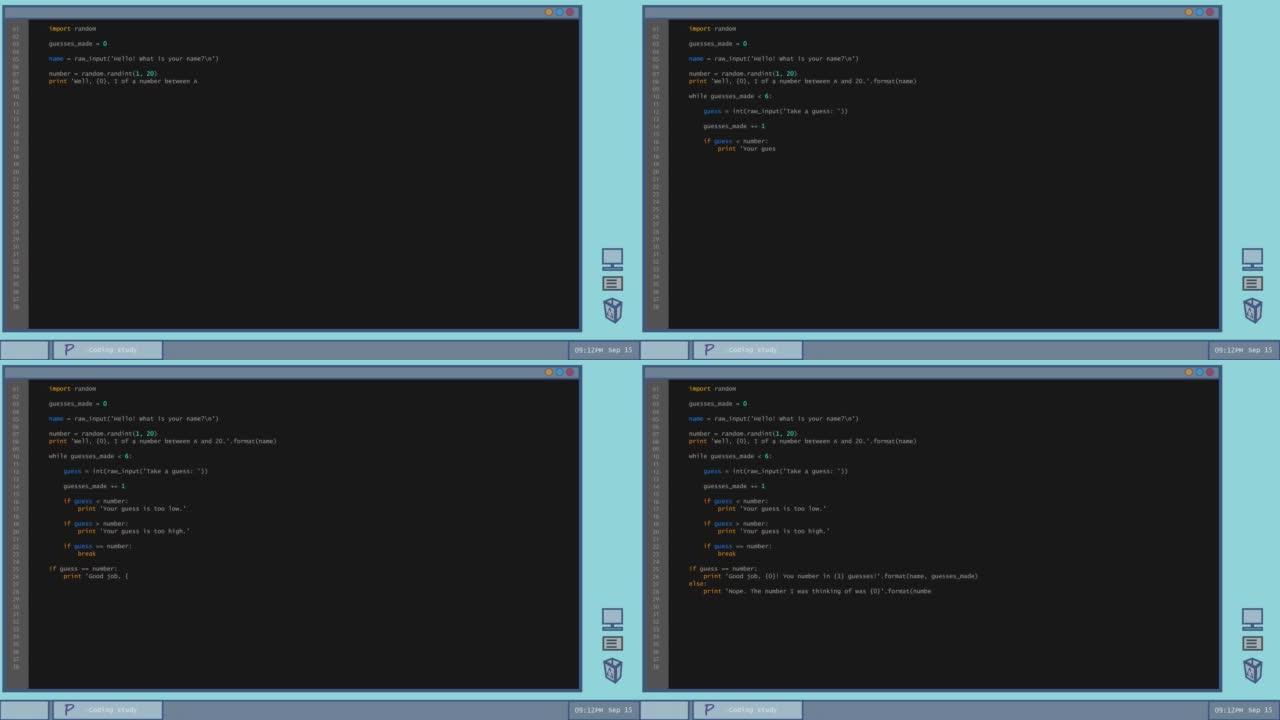 开发人员软件代码模拟与通用编程语言。黑色背景的深色界面。计算机显示器和笔记本电脑屏幕的模板。