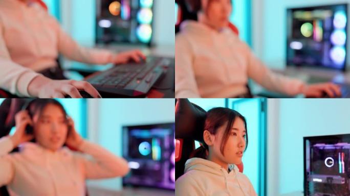 亚洲人，游戏玩家和女孩对在线竞技比赛的失败感到愤怒，对技能排名感到不安。失败者，失败和不快乐的游戏女