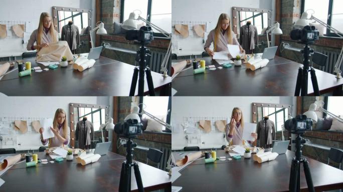 专业服装设计师录制视频谈论工作室用相机制作服装