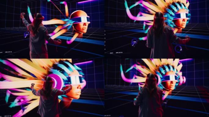 数字艺术家展示了用于制作3D艺术品的现代VR软件。女设计师使用耳机和控制器在舞台上的大屏幕上展示功能