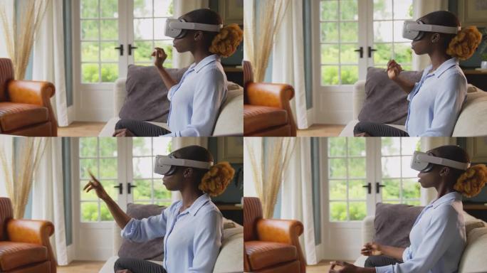 女人在家坐在沙发上放松，戴着VR耳机，与AR技术互动